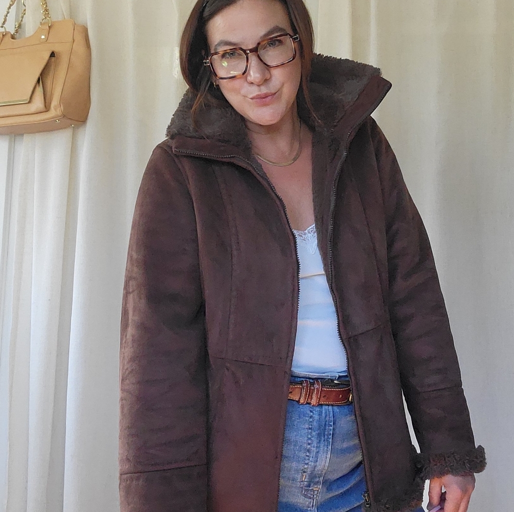 Johnston & Murphy Chocolate Brown Winter Faux Leather Faux Seude Coat Jacket - Picture 6 of 11
